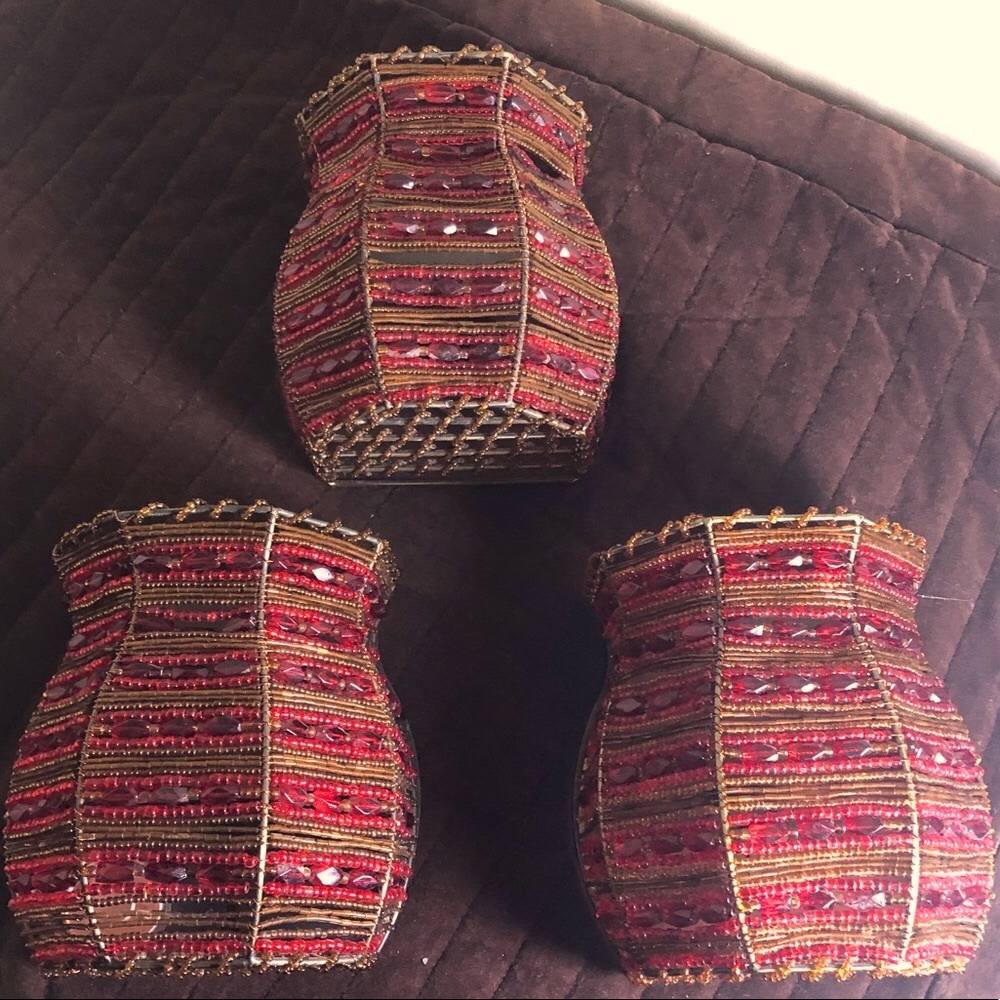 Three red, Moroccan beaded 6in candle wall sconces.